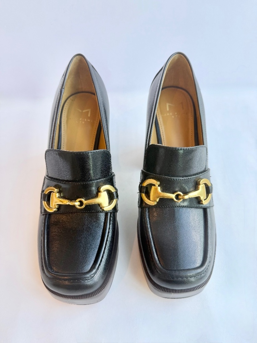 Marc Fisher Black Platform Loafer Heels Gold Bit Leather Size 6 Chunky